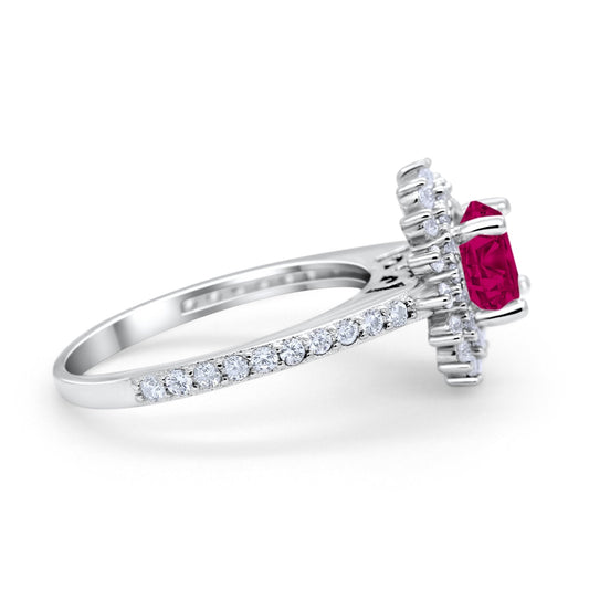 Halo Starburst Flower Wedding Ring Simulated Ruby CZ