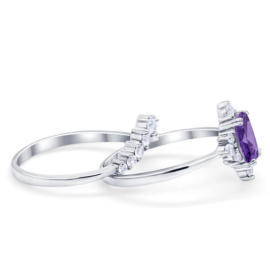 Art Deco Two Piece Wedding Ring Emerald Cut Simulated Amethyst CZ