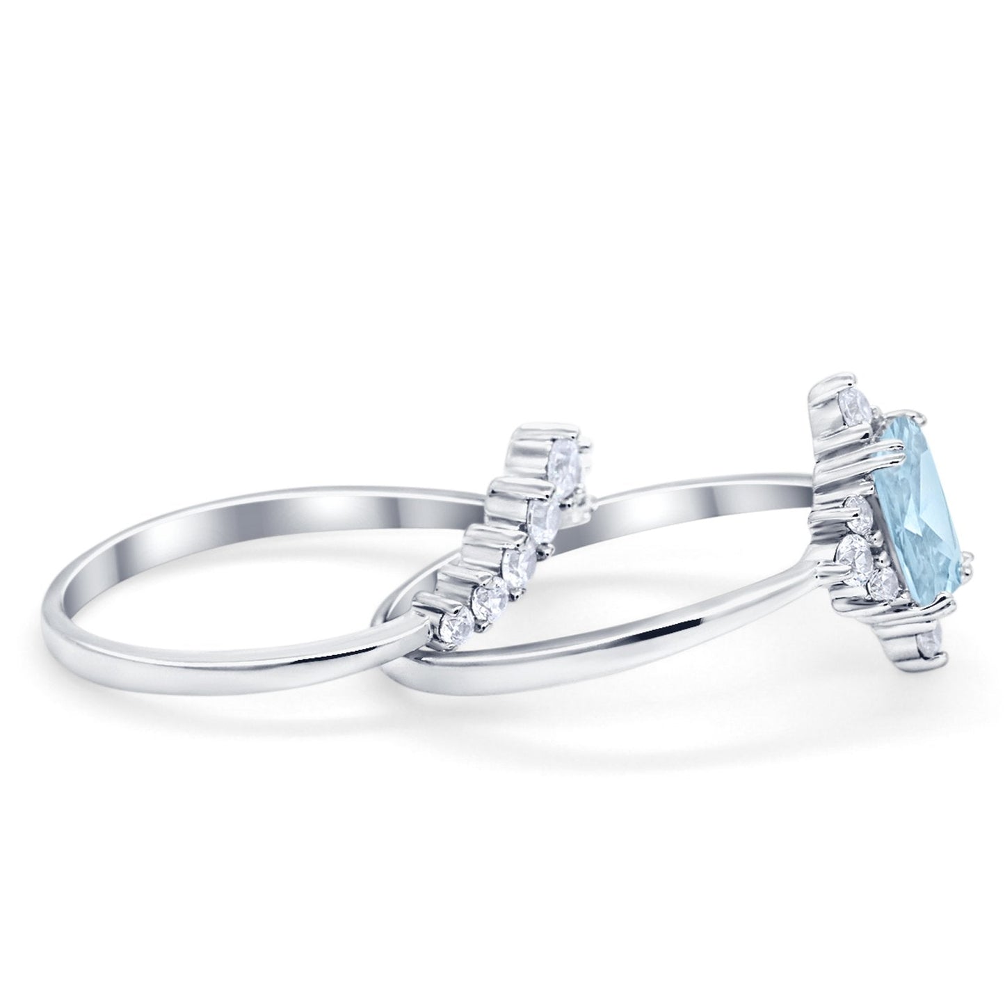 Art Deco Two Piece Wedding Ring Emerald Cut Simulated Aquamarine CZ