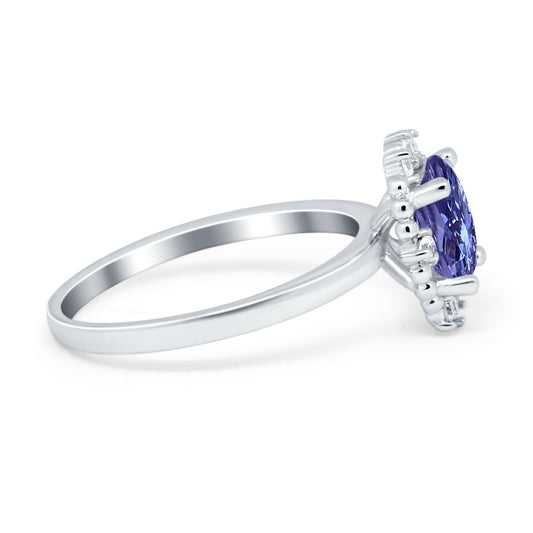 Halo Style Oval Simulated Tanzanite CZ Engagement Ring