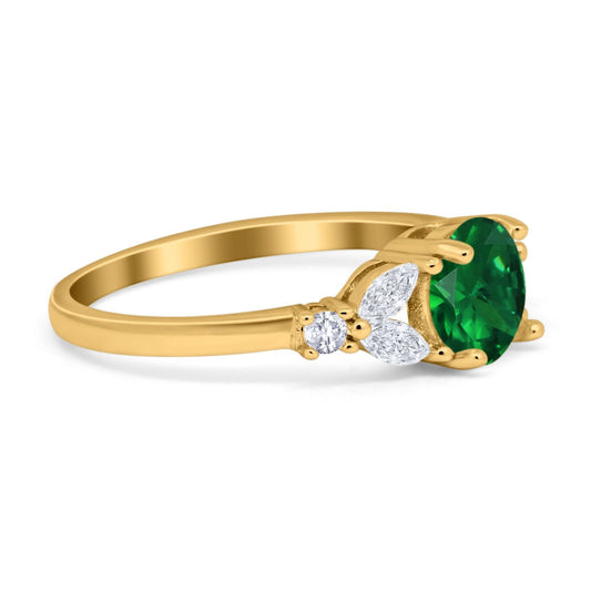 Art Deco Round Yellow Tone, Simulated Green Emerald CZ Engagement Ring