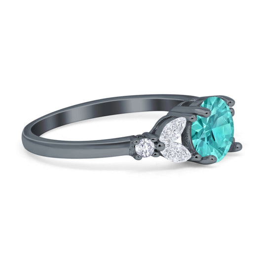 Art Deco Round Paraiba Tourmaline CZ Black Tone Engagement Ring