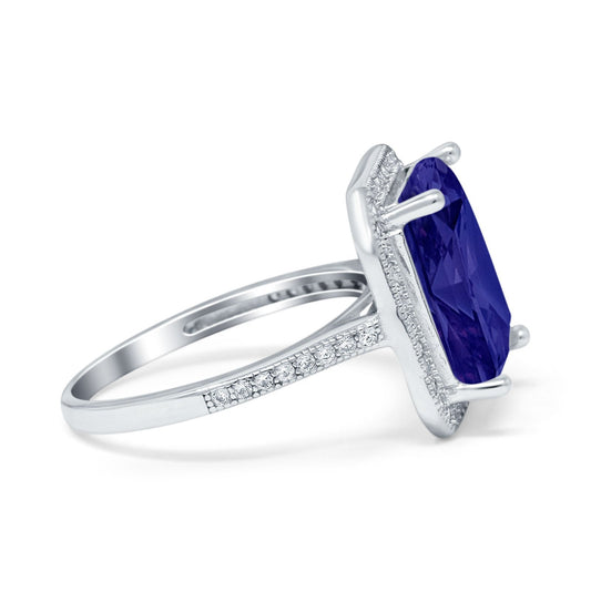 Halo Emerald Cut Engagement Ring Simulated Blue Sapphire CZ