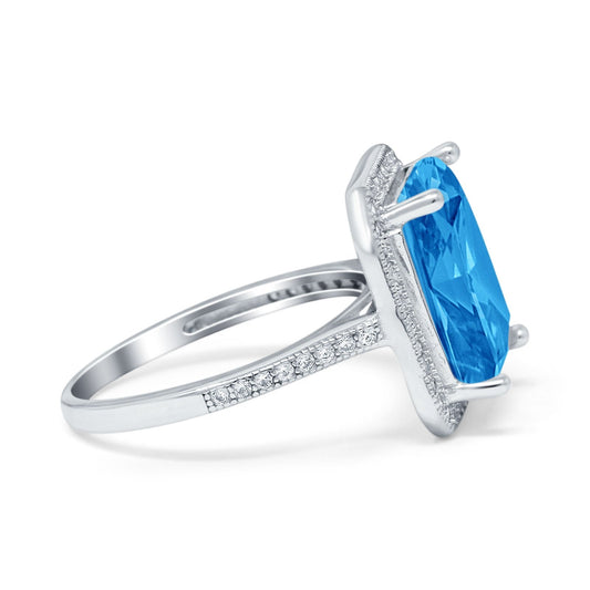 Halo Emerald Cut Engagement Ring Simulated Blue Topaz CZ