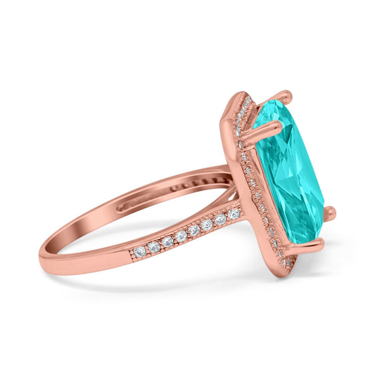 Halo Emerald Cut Rose Tone, Simulated Paraiba Tourmaline CZ Engagement Ring