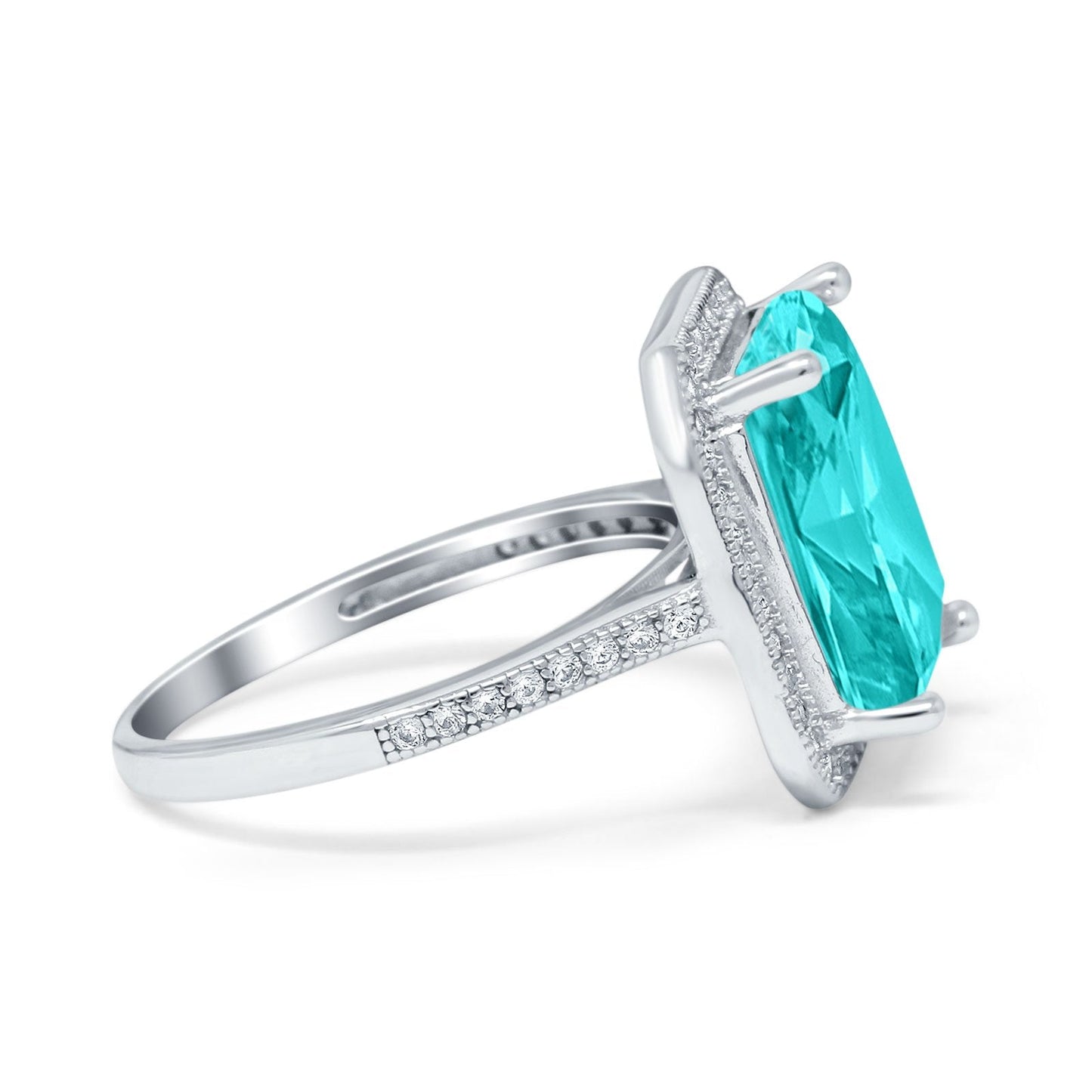 Halo Emerald Cut Engagement Ring Simulated Paraiba Tourmaline CZ