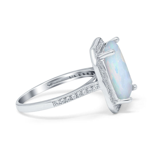 Halo Emerald Cut Engagement Ring Lab Created White Opal