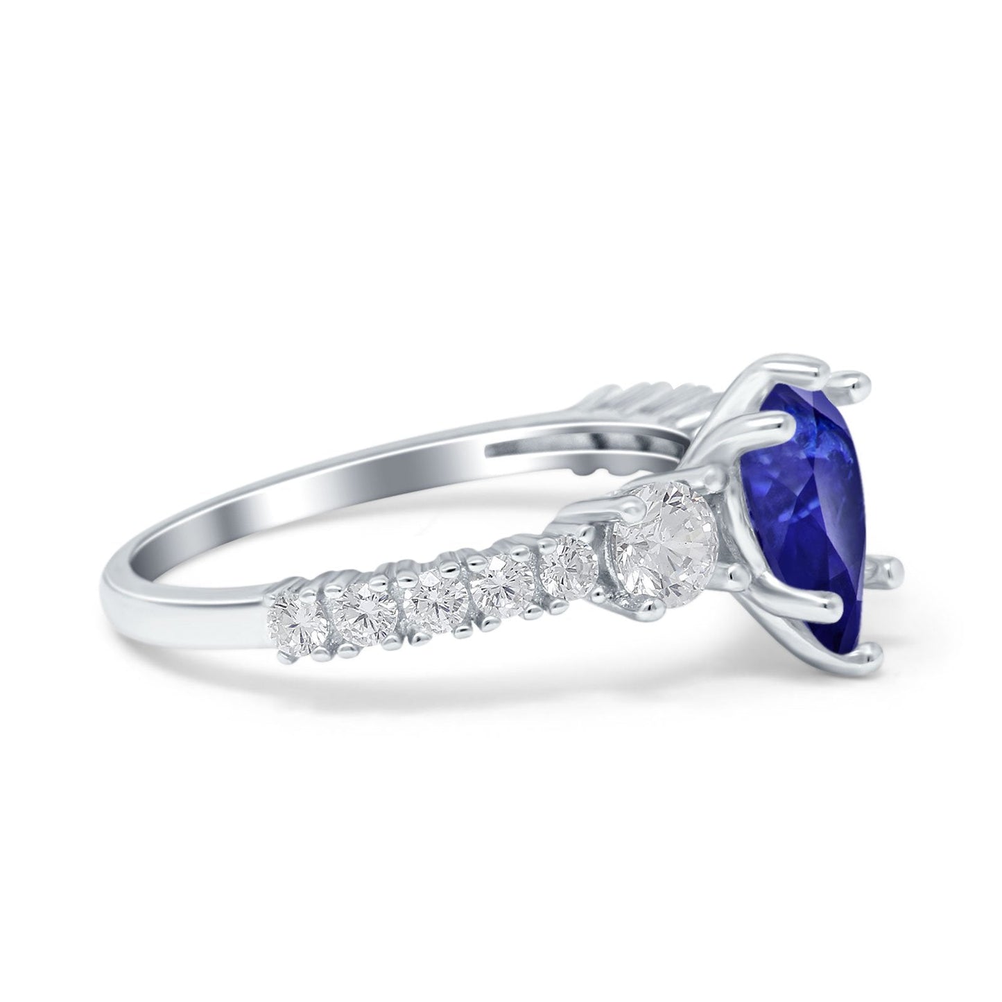 Teardrop Pear Art Deco Three Stone Accent Round Simulated Blue Sapphire CZ Engagement Ring