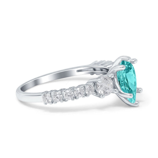 Teardrop Pear Art Deco Three Stone Accent Round Simulated Paraiba Tourmaline CZ Engagement Ring