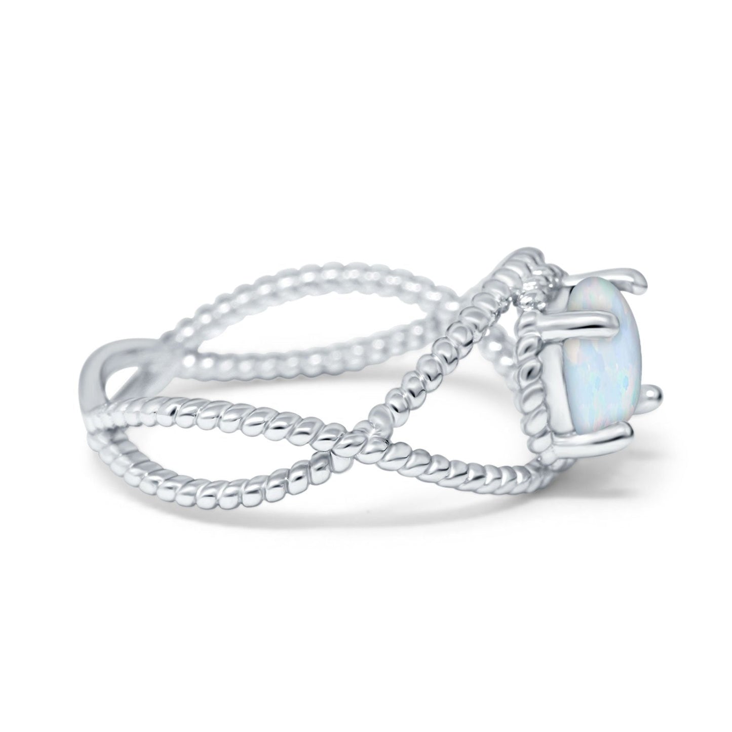 Braided Cable Split Lab Created White Opal Engagement Ring