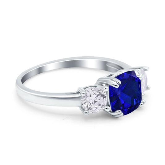 Cushion Three Stone Engagement Ring Simulated Blue Sapphire CZ