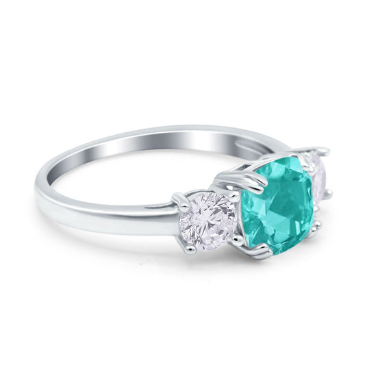 Cushion Three Stone Engagement Ring Simulated Paraiba Tourmaline CZ