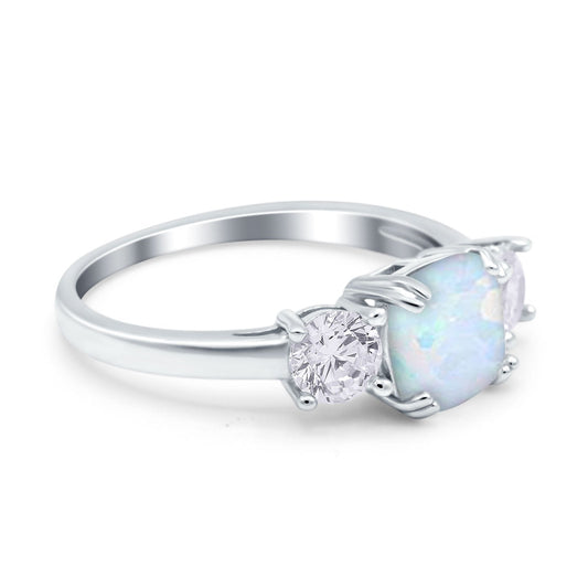 Cushion Three Stone Engagement Ring Lab Created White Opal