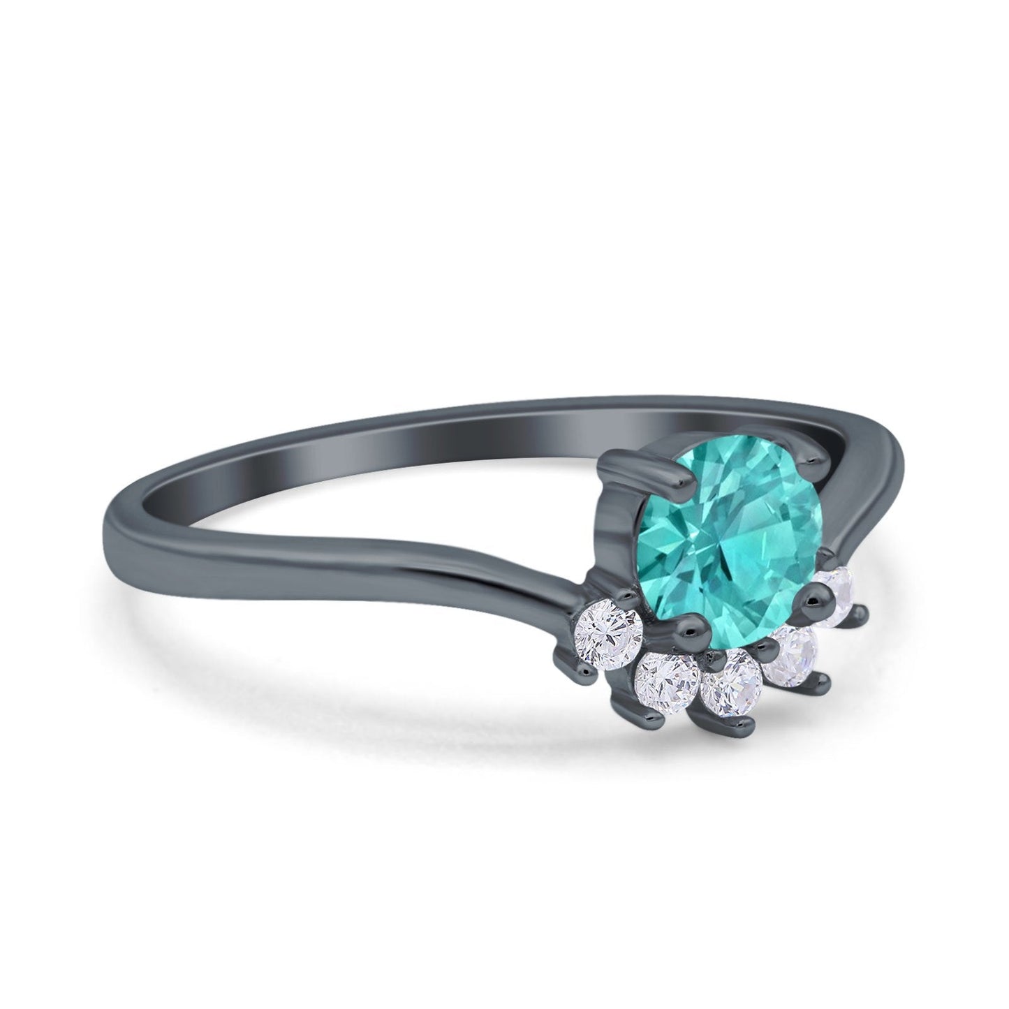 Art Deco V Chevron Engagement Ring Round Black Tone, Simulated Paraiba Tourmaline CZ