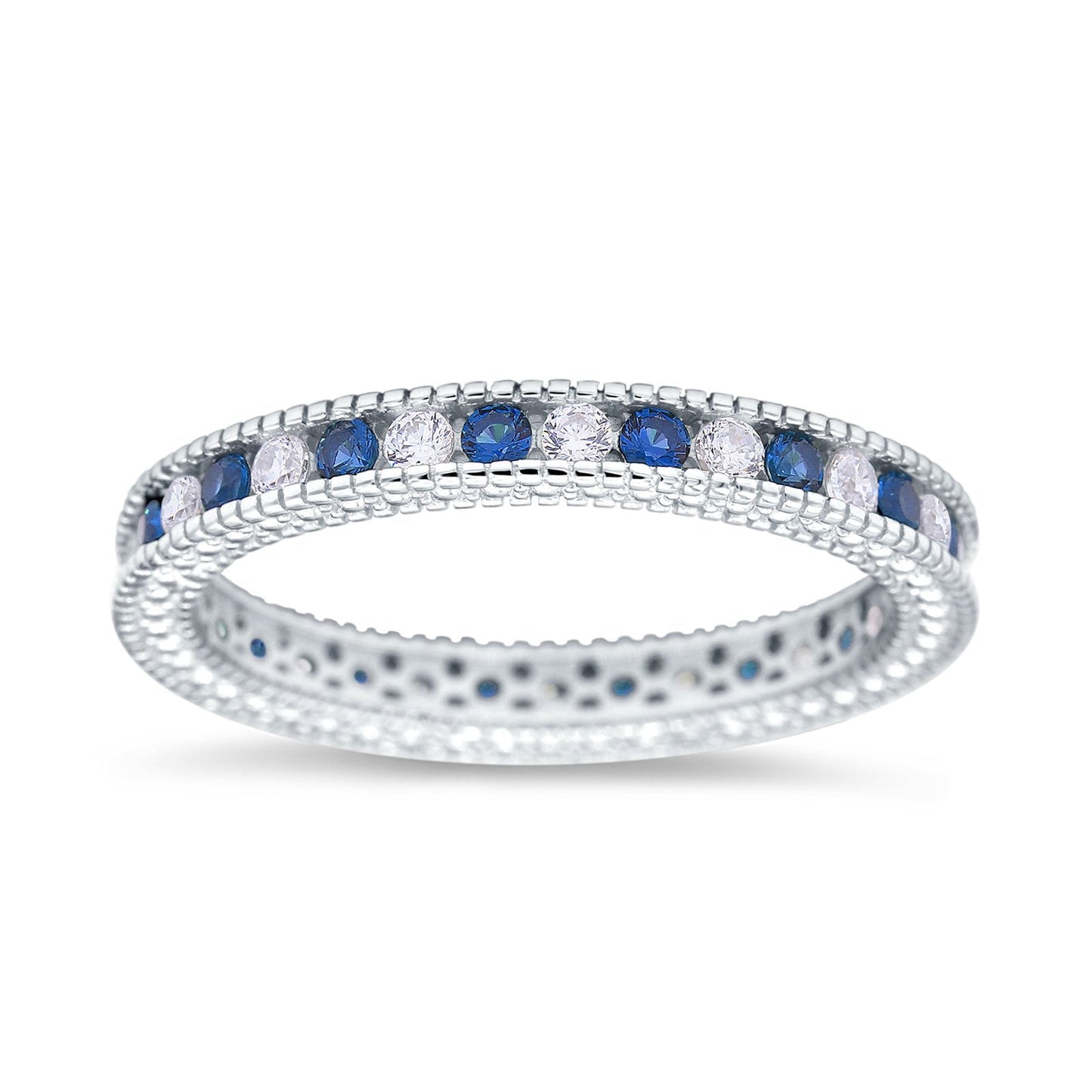 Art Deco Full Eternity Stackable Wedding Ring Simulated Blue Sapphire CZ