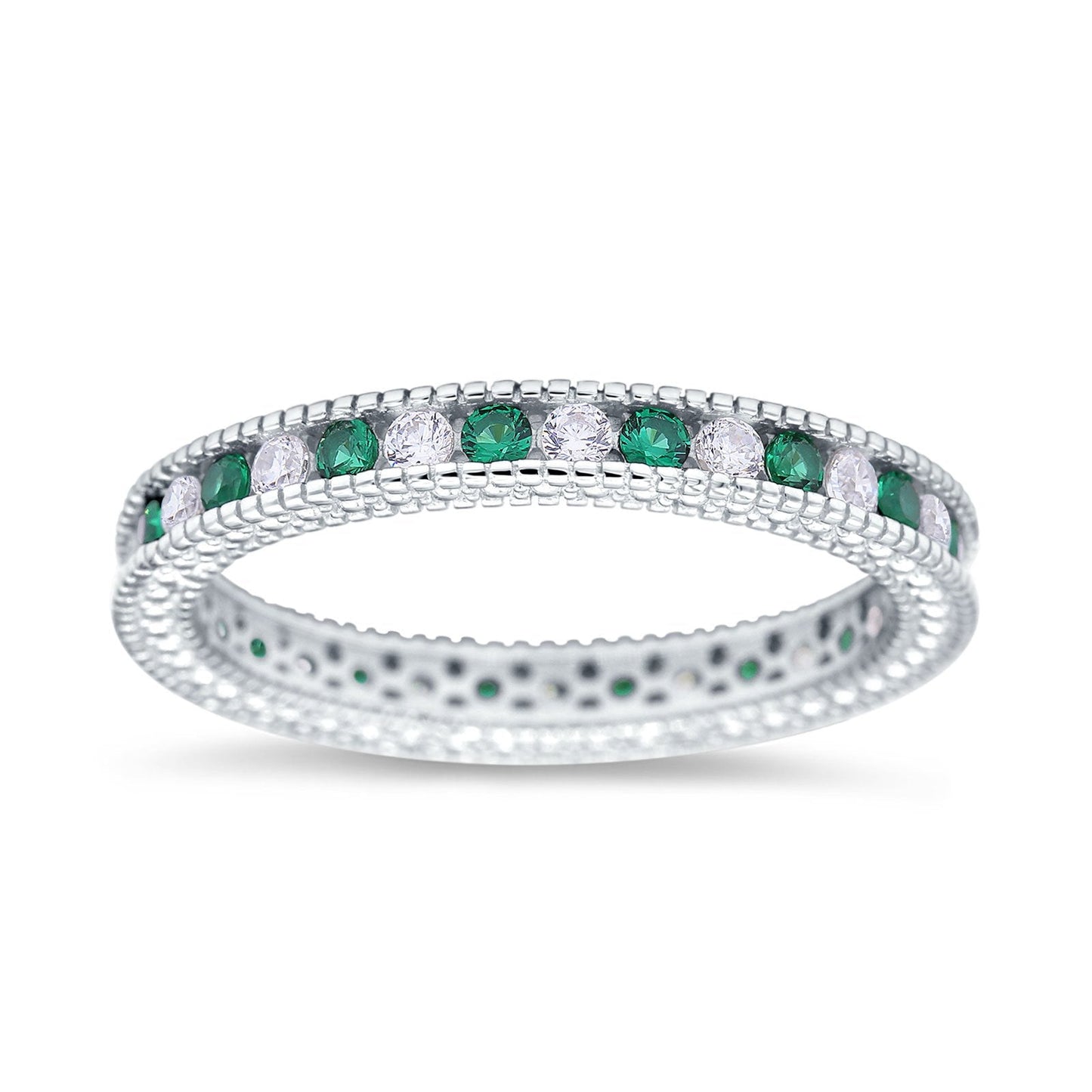 Art Deco Full Eternity Stackable Wedding Ring Simulated Green Emerald CZ