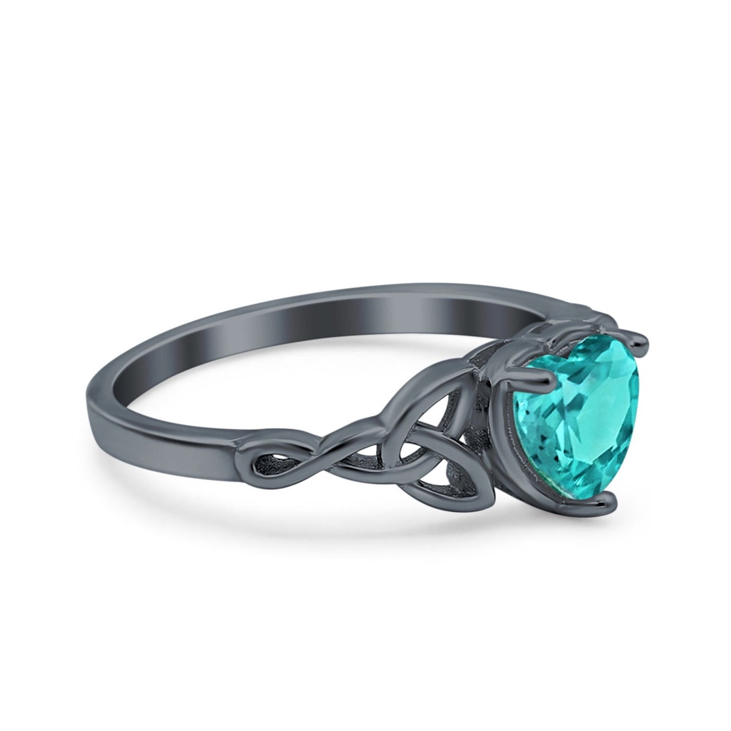 Heart Celtic Wedding Promise Ring Black Tone, Simulated Paraiba Tourmaline CZ