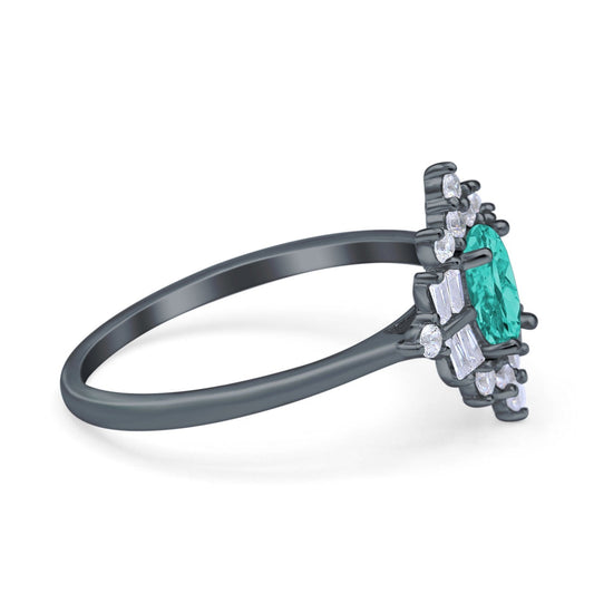 Oval Cut Halo Vintage Wedding Ring Black Tone, Simulated Paraiba Tourmaline CZ