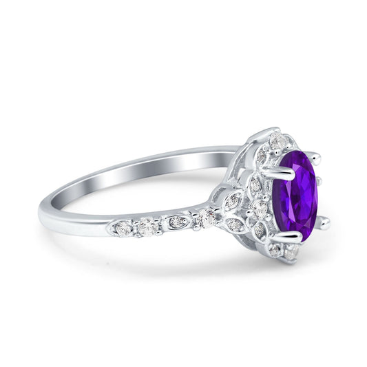 Oval Accent Vintage Simulated Amethyst CZ Engagement Ring