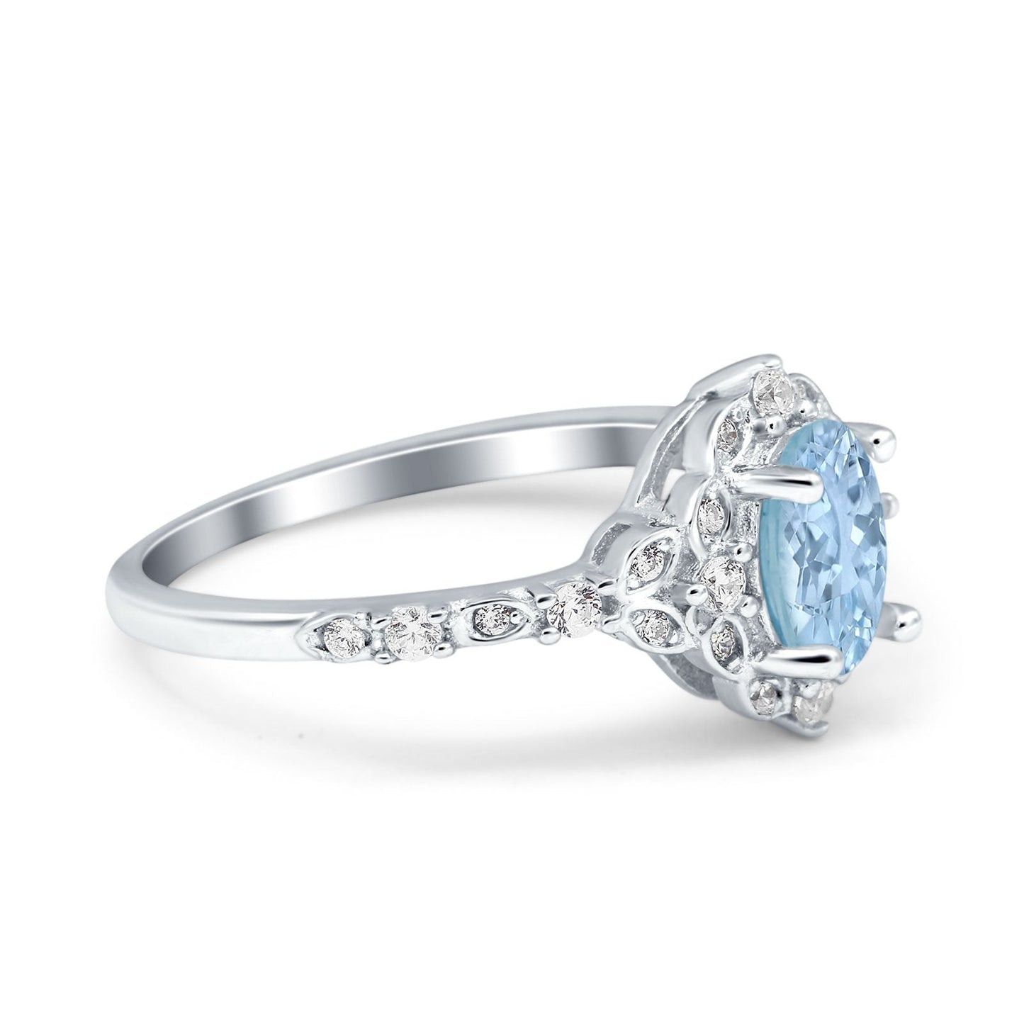 Oval Engagement Ring Accent Vintage Simulated Aquamarine CZ