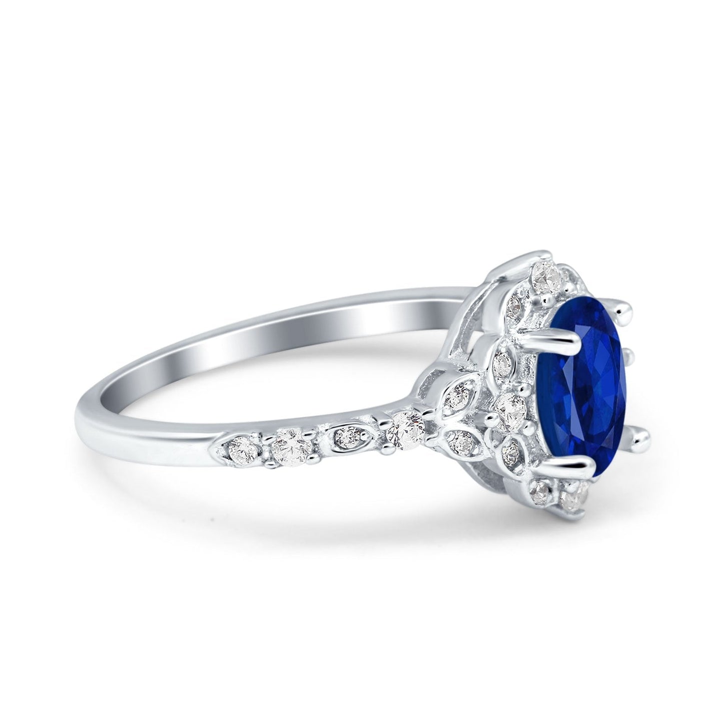 Oval Accent Vintage Simulated Blue Sapphire CZ Engagement Ring