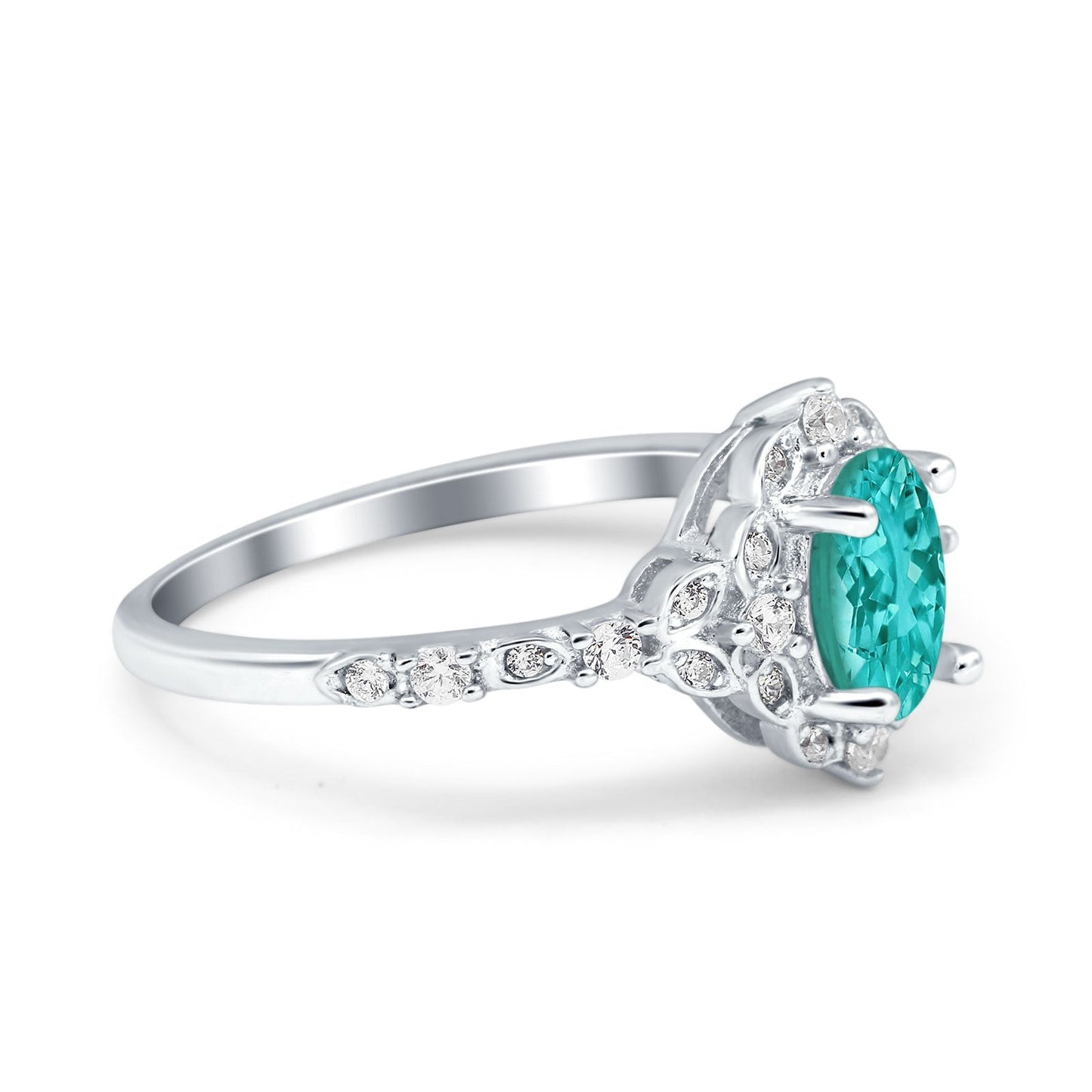 Oval Accent Vintage Simulated Paraiba Tourmaline CZ Engagement Ring