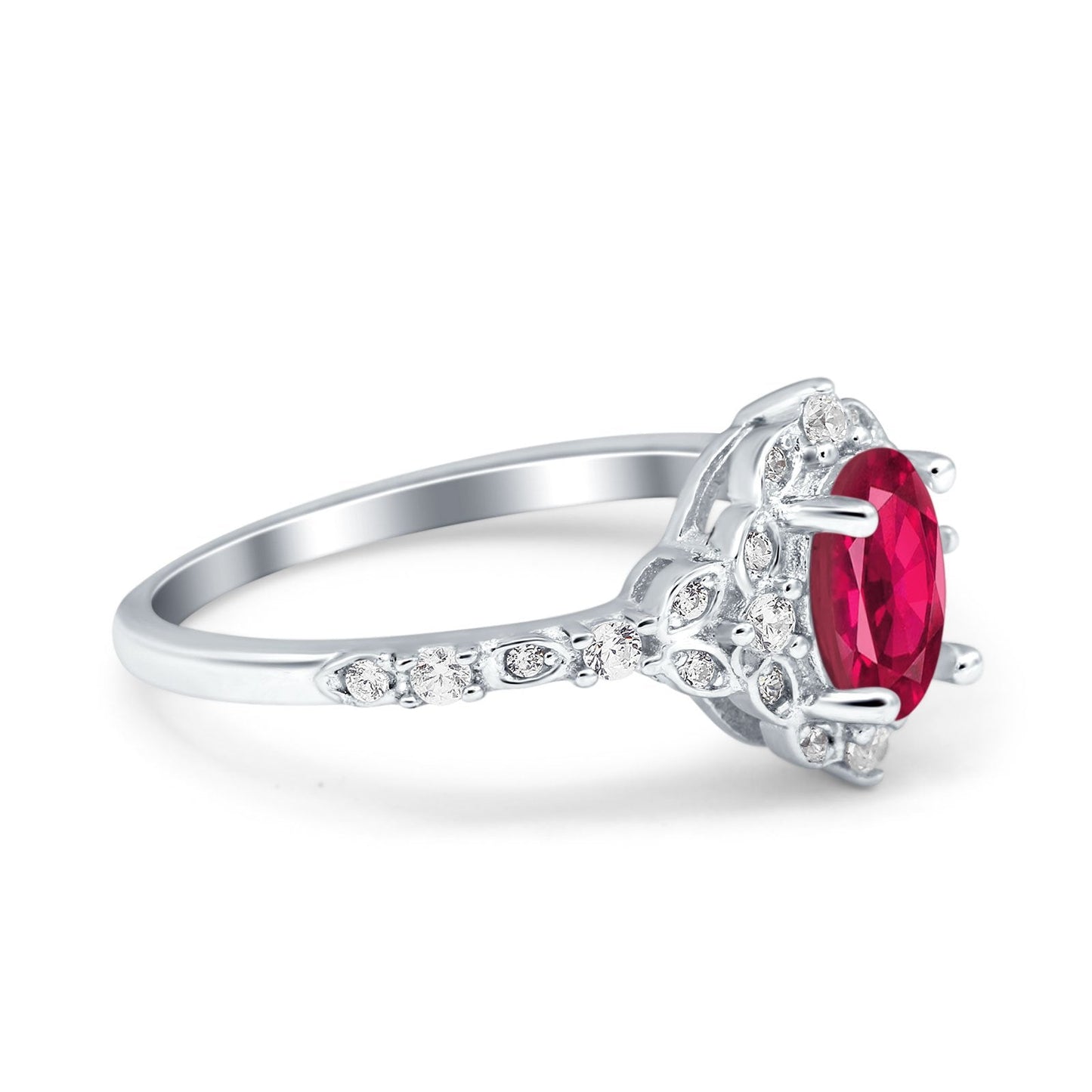 Oval Engagement Ring Accent Vintage Simulated Ruby CZ