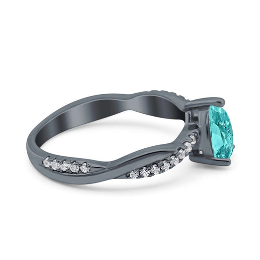 Pear Art Deco Twisted Black Tone, Simulated Paraiba Tourmaline CZ Ring