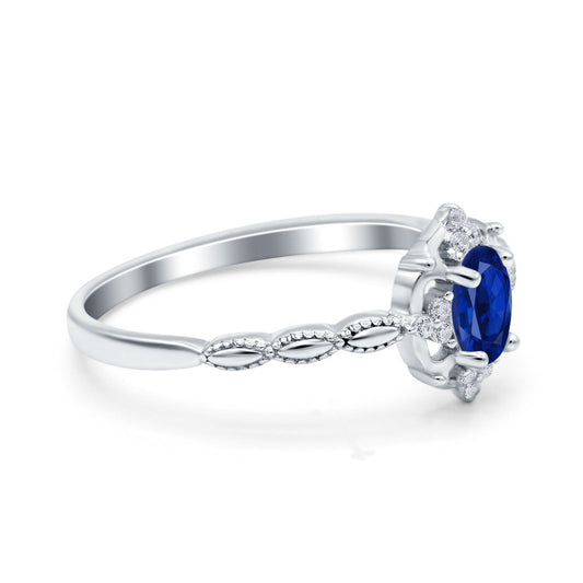 Oval Vintage Floral Engagement Ring Simulated Blue Sapphire CZ