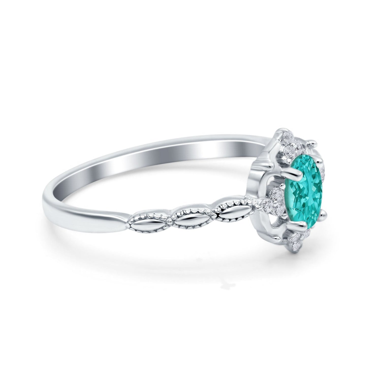 Oval Vintage Floral Engagement Ring Simulated Paraiba Tourmaline CZ