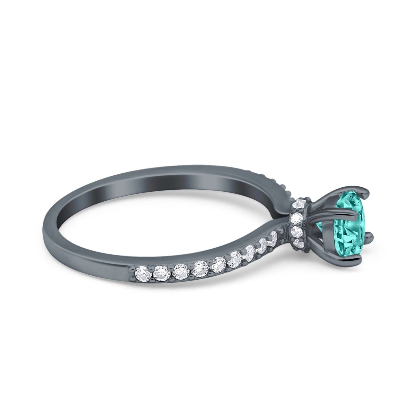 Art Deco Wedding Engagement Ring Accent Vintage Bridal Ring Round Black Tone, Simulated Paraiba Tourmaline CZ