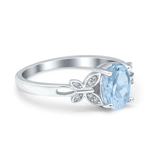 Butterfly Accent Oval Wedding Bridal Ring Simulated Aquamarine CZ