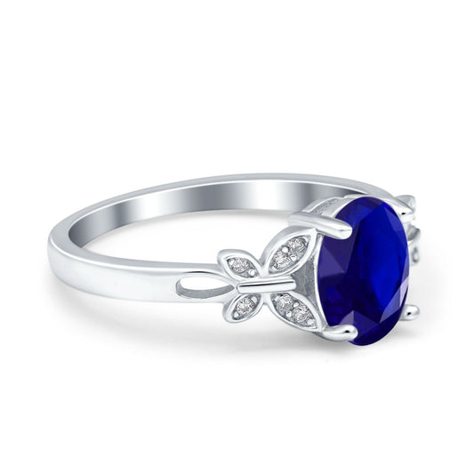 Butterfly Accent Oval Art Deco Engagement Wedding Bridal Ring Round Simulated Blue Sapphire CZ