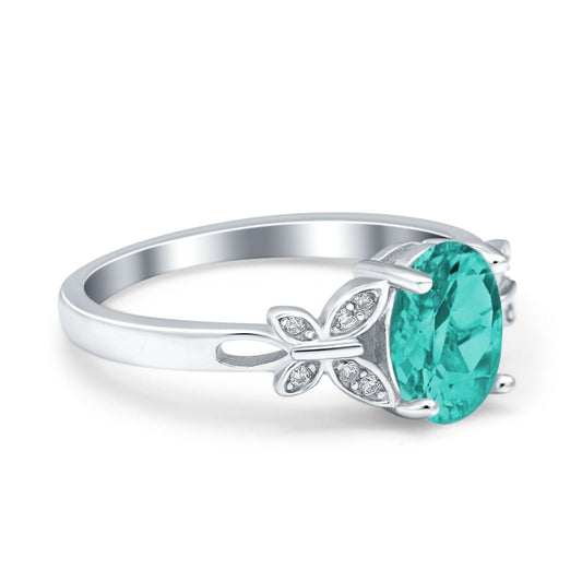 Butterfly Accent Oval Art Deco Engagement Wedding Bridal Ring Round Simulated Paraiba Tourmaline CZ