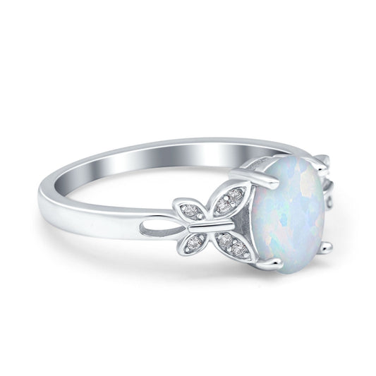 Butterfly Accent Oval Art Deco Engagement Wedding Bridal Ring Round Lab Created White Opal