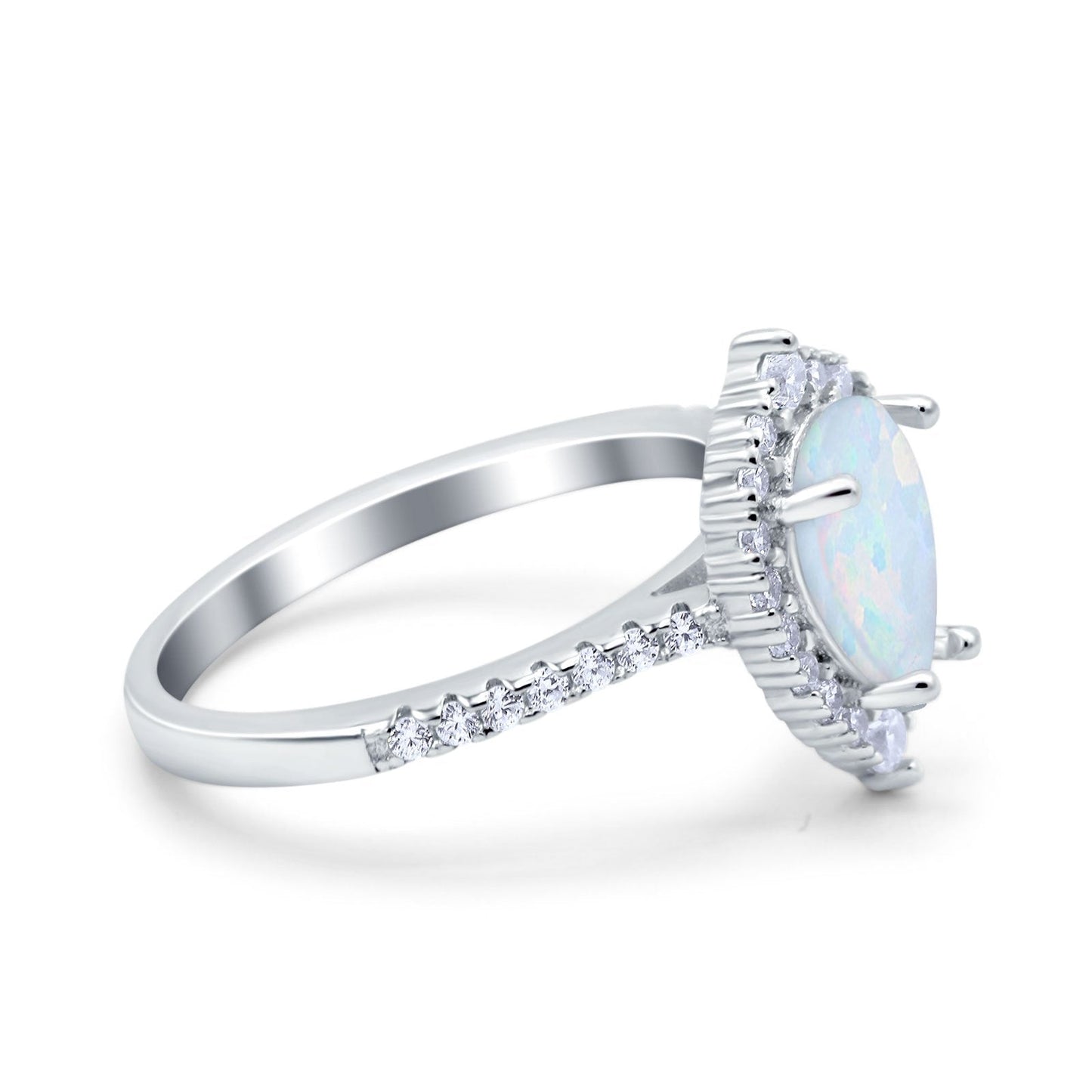 Teardrop Pear Art Deco Wedding Ring Lab Created White Opal