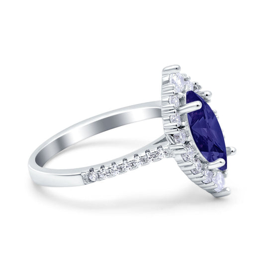 Halo Marquise Art Deco Wedding Ring Simulated Blue Sapphire CZ