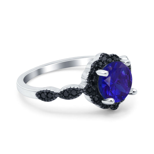 Flower Art Deco Wedding Ring Round Black Simulated Blue Sapphire CZ