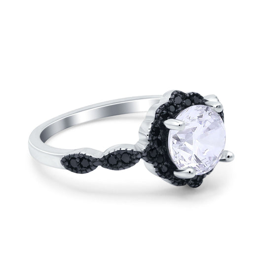 Flower Art Deco Wedding Ring Round Black Simulated Cubic Zirconia