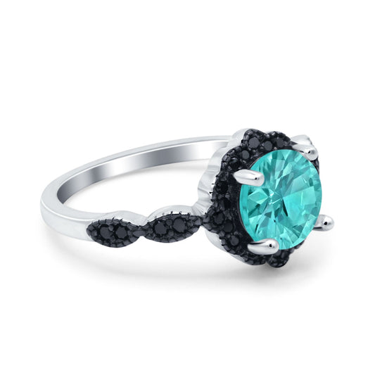 Flower Art Deco Wedding Ring Round Black Simulated Paraiba Tourmaline CZ