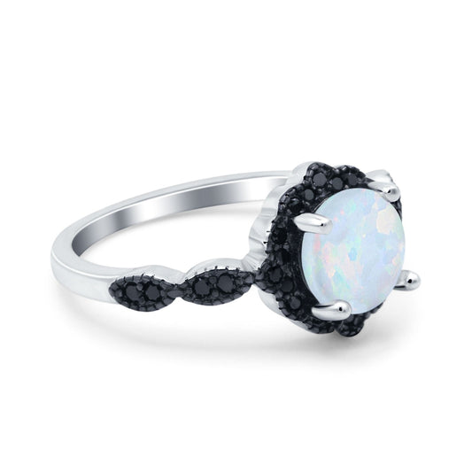 Flower Art Deco Wedding Ring Round Black Lab Created White Opal