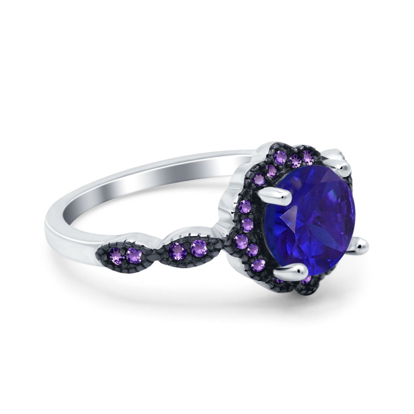 Flower Art Deco Engagement Ring Round Amethyst Simulated Blue Sapphire CZ