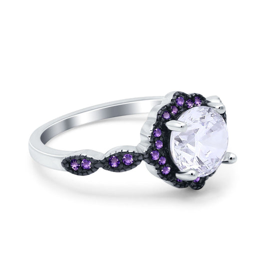 Flower Art Deco Engagement Ring Round Amethyst Simulated Cubic Zirconia