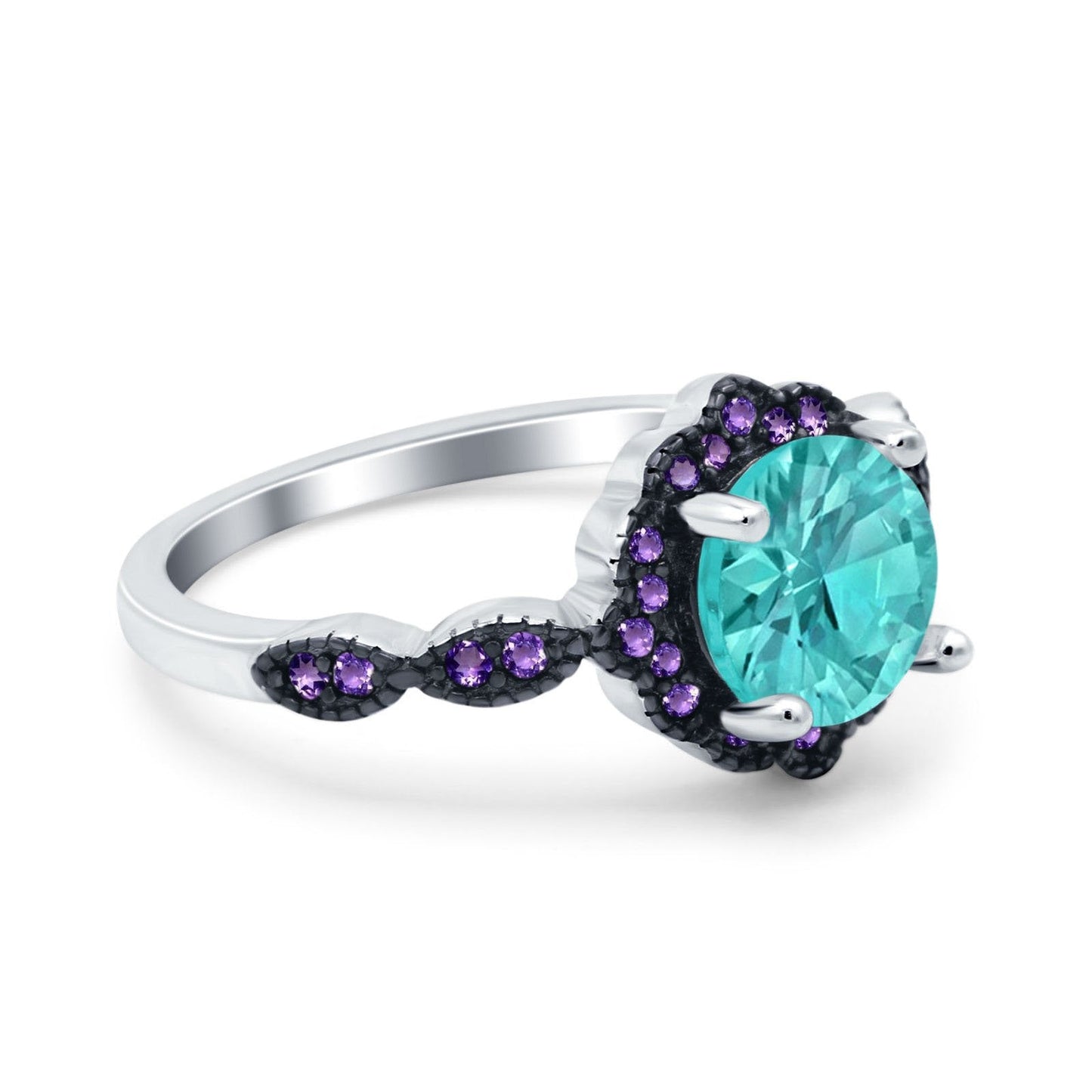 Flower Art Deco Engagement Ring Round Amethyst Simulated Paraiba Tourmaline CZ