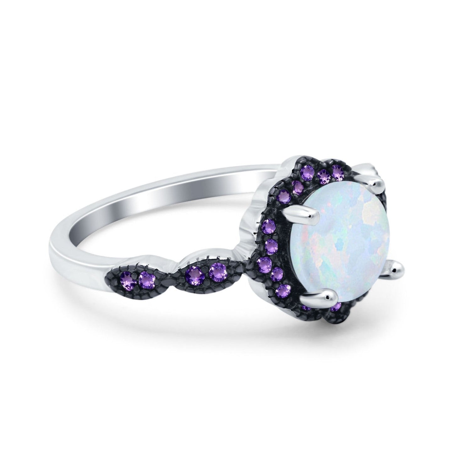 Flower Art Deco Engagement Ring Round Amethyst Lab Created White Opal