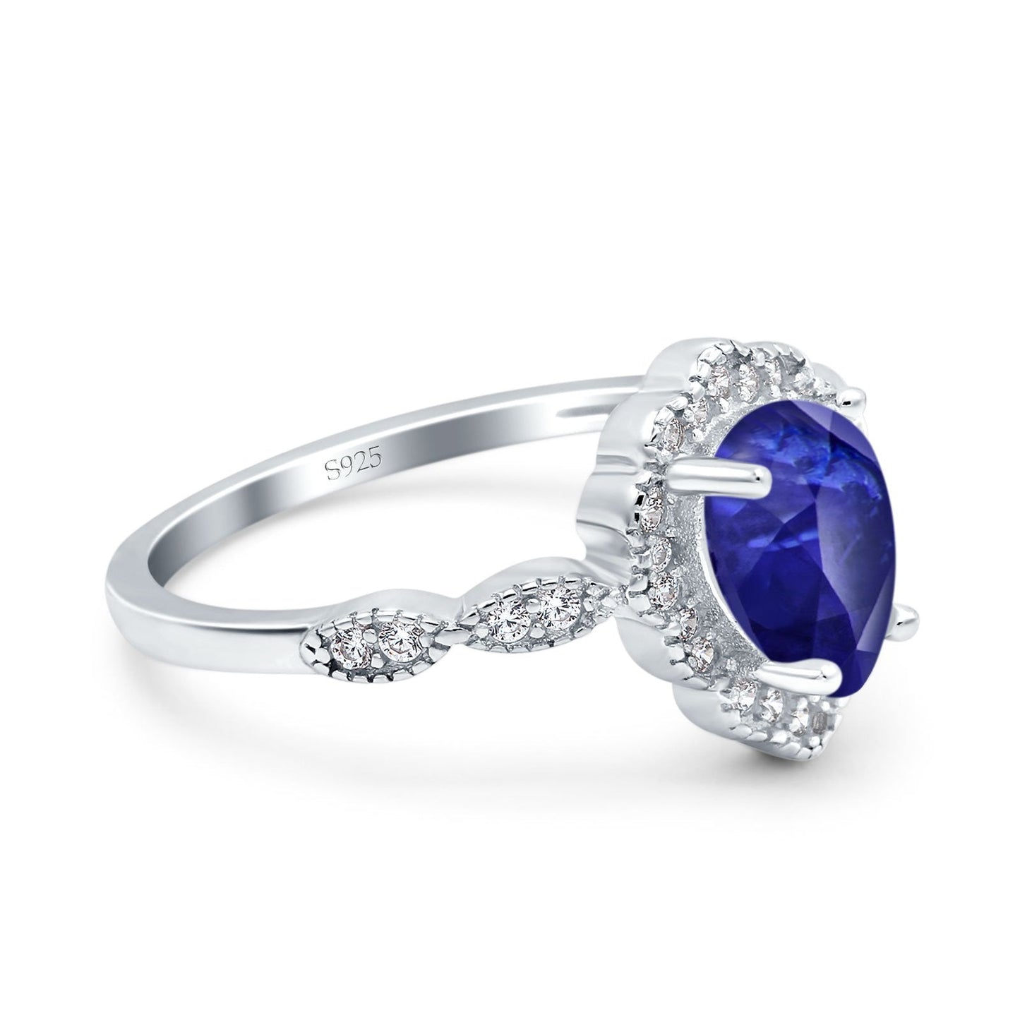 Teardrop Pear Art Deco Wedding Bridal Engagement Ring Round Simulated Blue Sapphire CZ