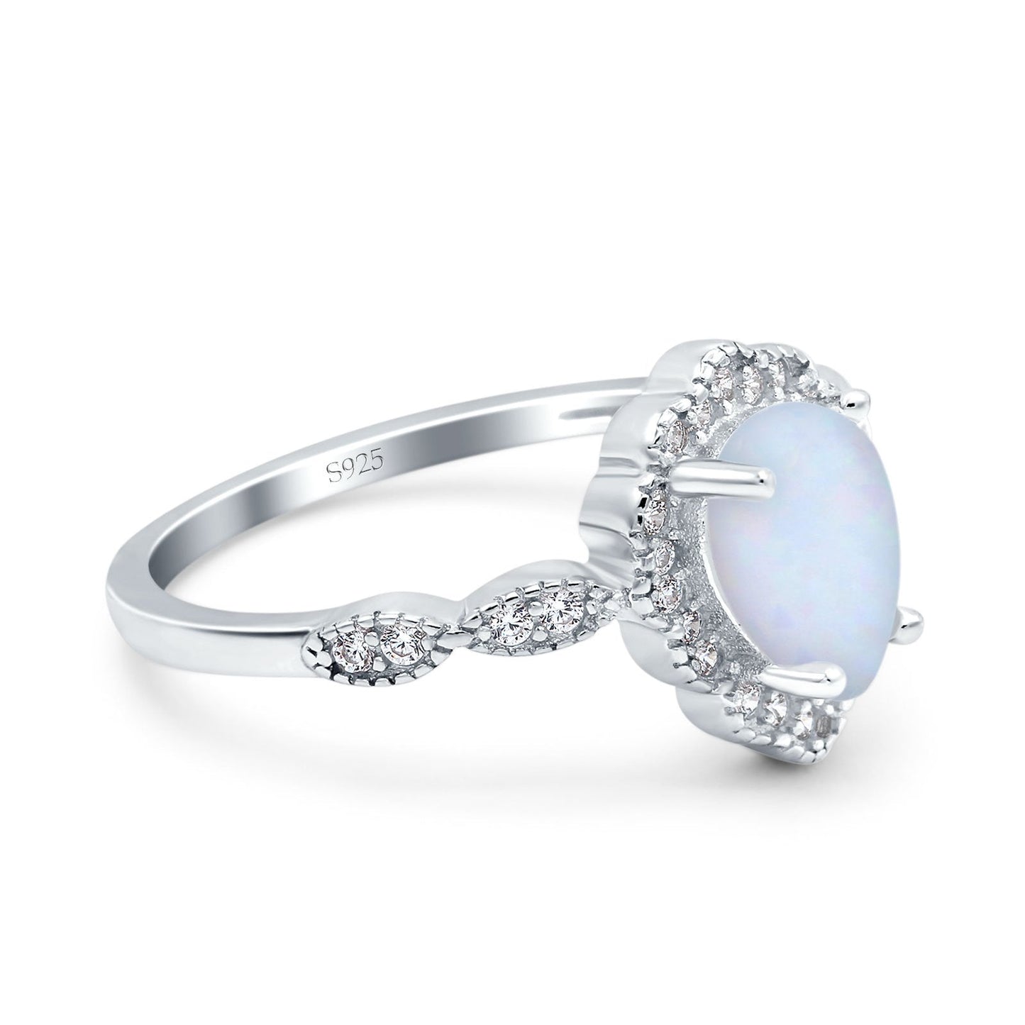 Teardrop Pear Art Deco Wedding Bridal Engagement Ring Round Lab Created White Opal