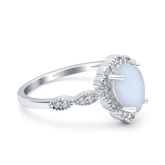 Teardrop Pear Art Deco Wedding Bridal Engagement Ring Round Lab Created White Opal