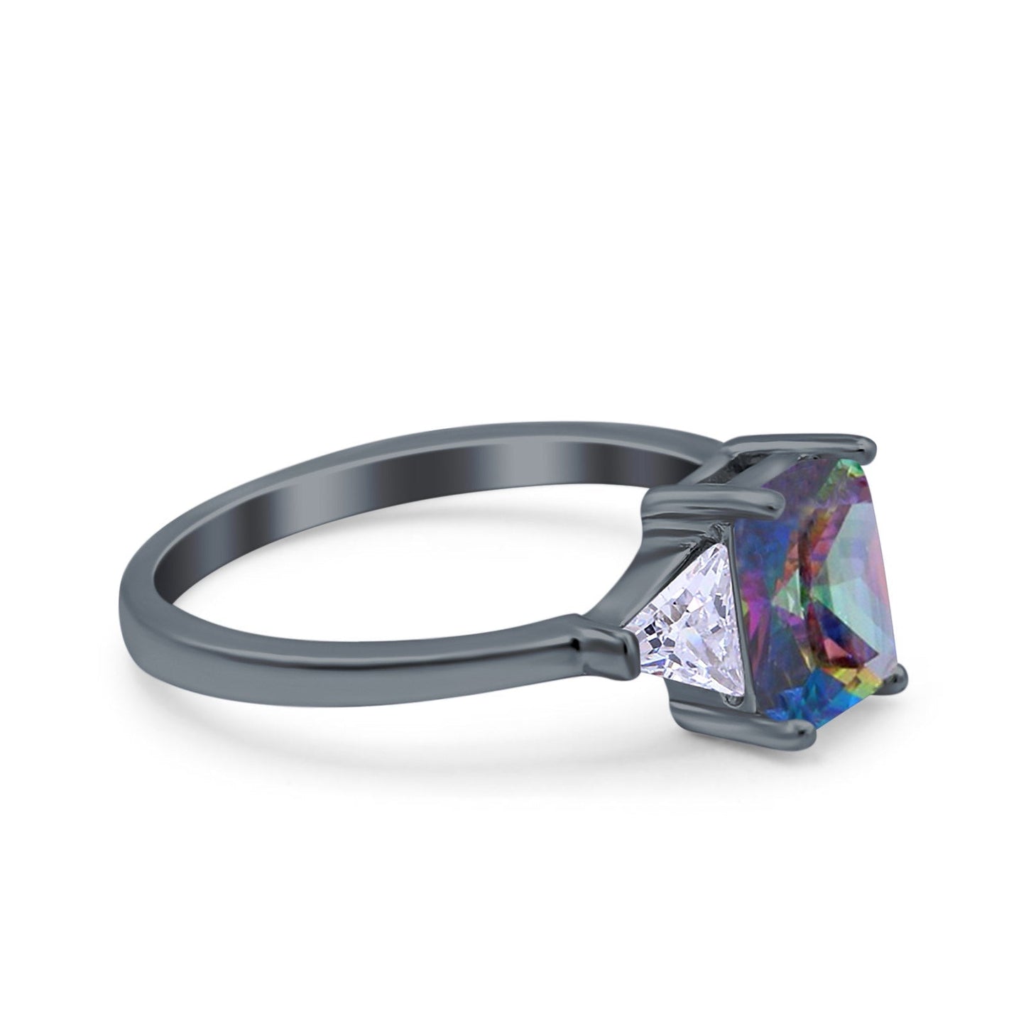 Emerald Cut Art Deco Black Tone, Simulated Rainbow CZ  Engagement Ring