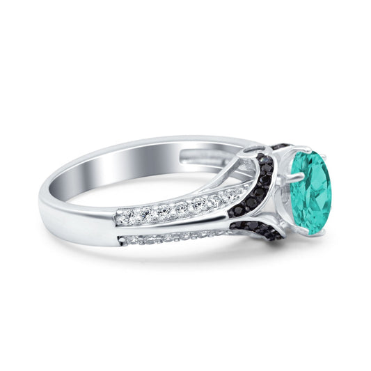 Art Deco Oval Black Simulated Paraiba Tourmaline CZ Engagement Ring